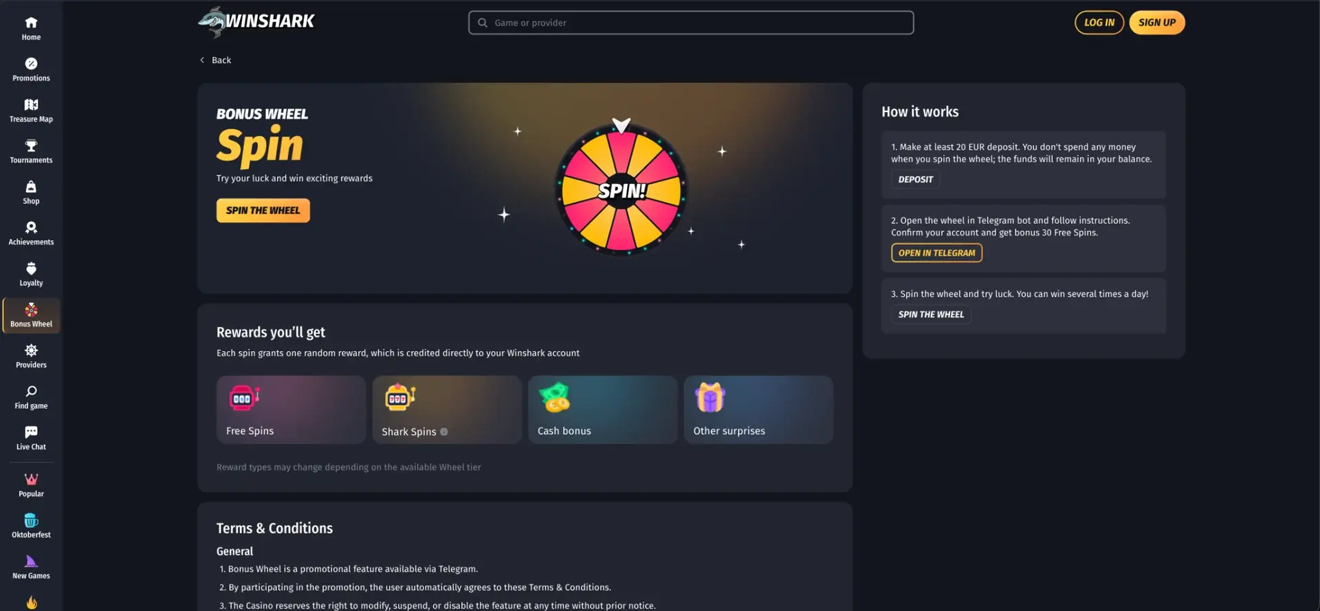 Winshark Bonus Wheel mobile feature