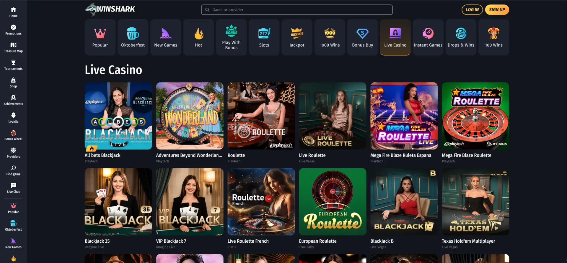 Winshark live casino lobby with dealer tables
