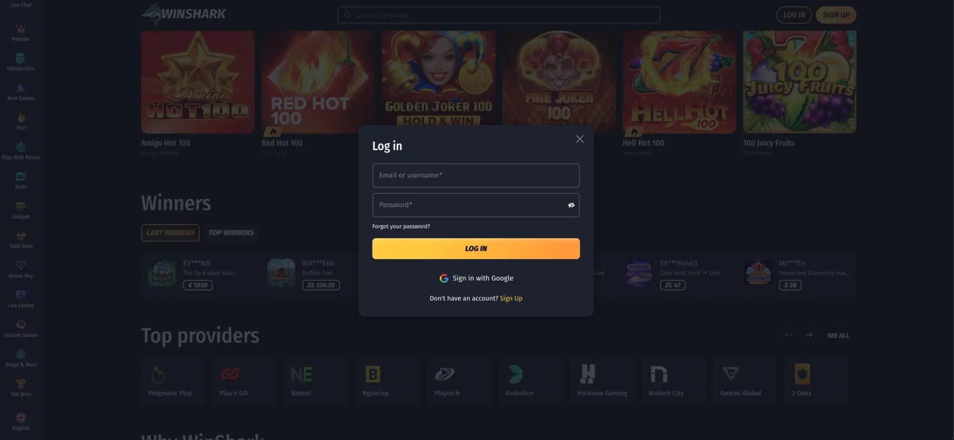 Winshark Casino Login interface