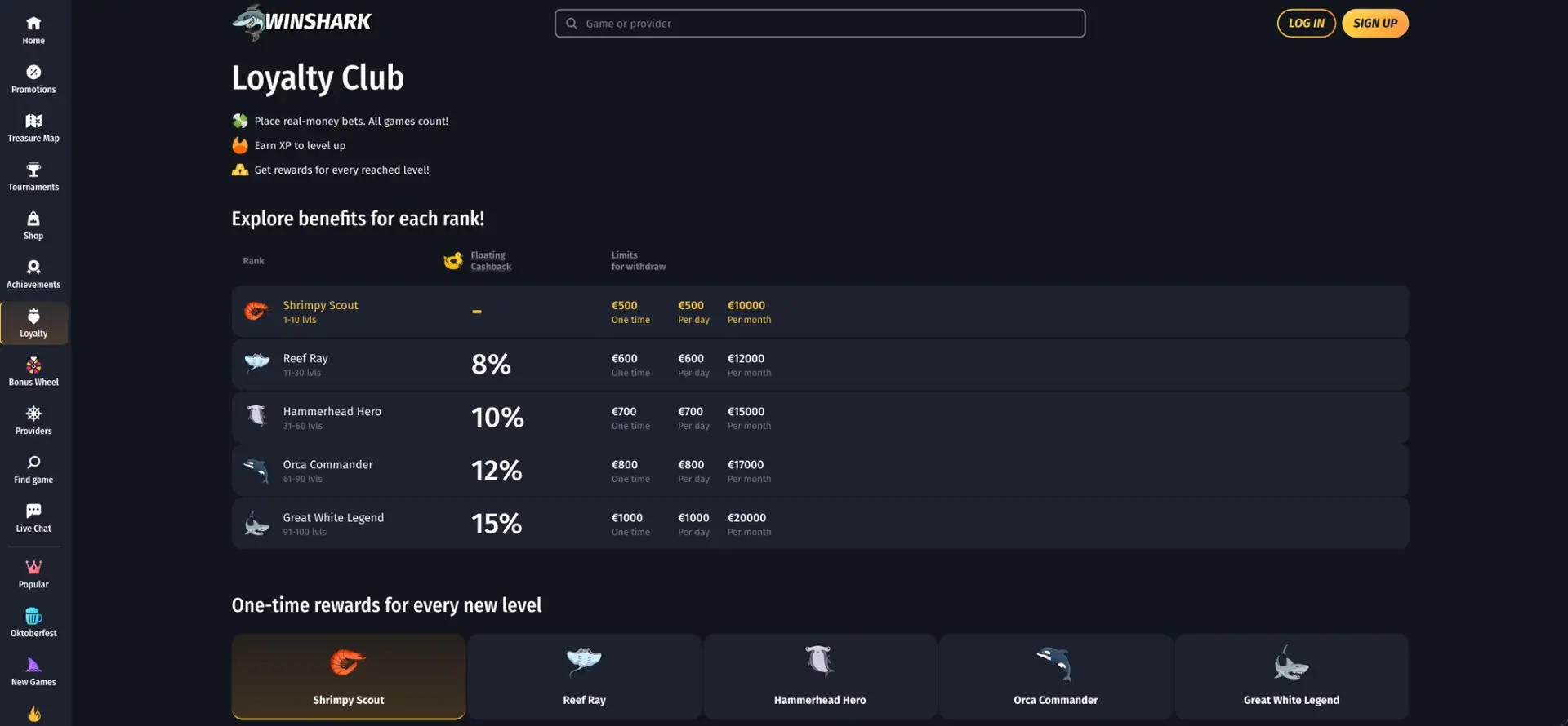 Winshark Casino Withdrawal interface
