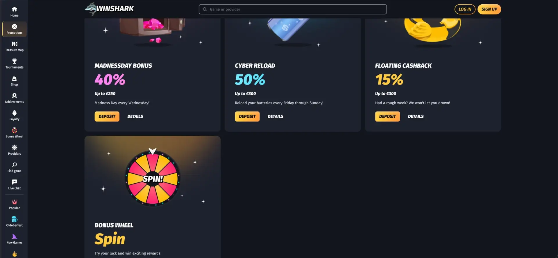 Winshark bonus cards available with deposits