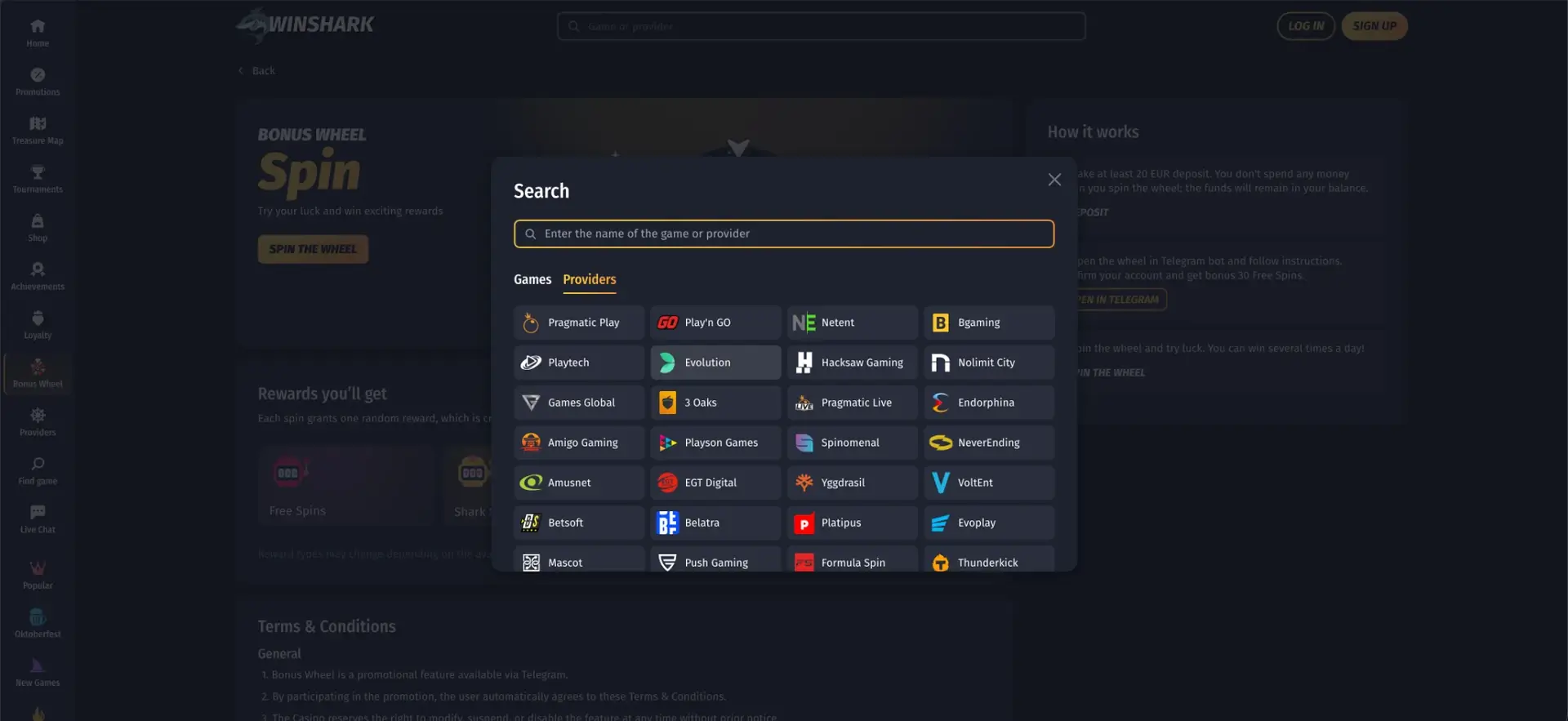 Winshark game and provider search window
