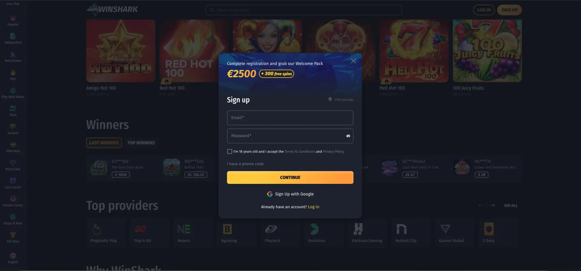 Winshark casino sign-up form