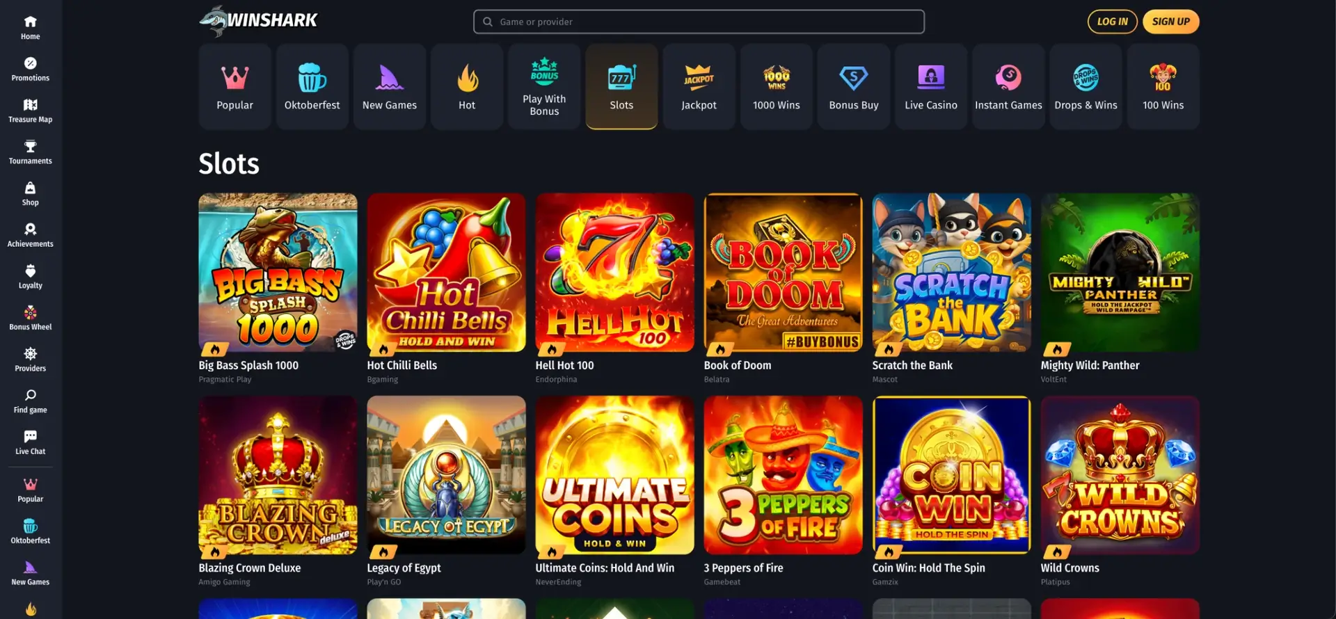 Winshark Casino Pokies interface