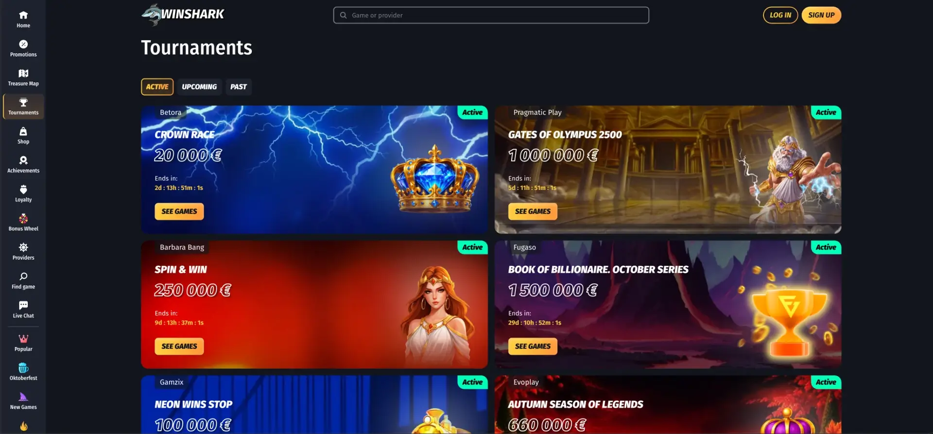 Winshark casino tournaments page