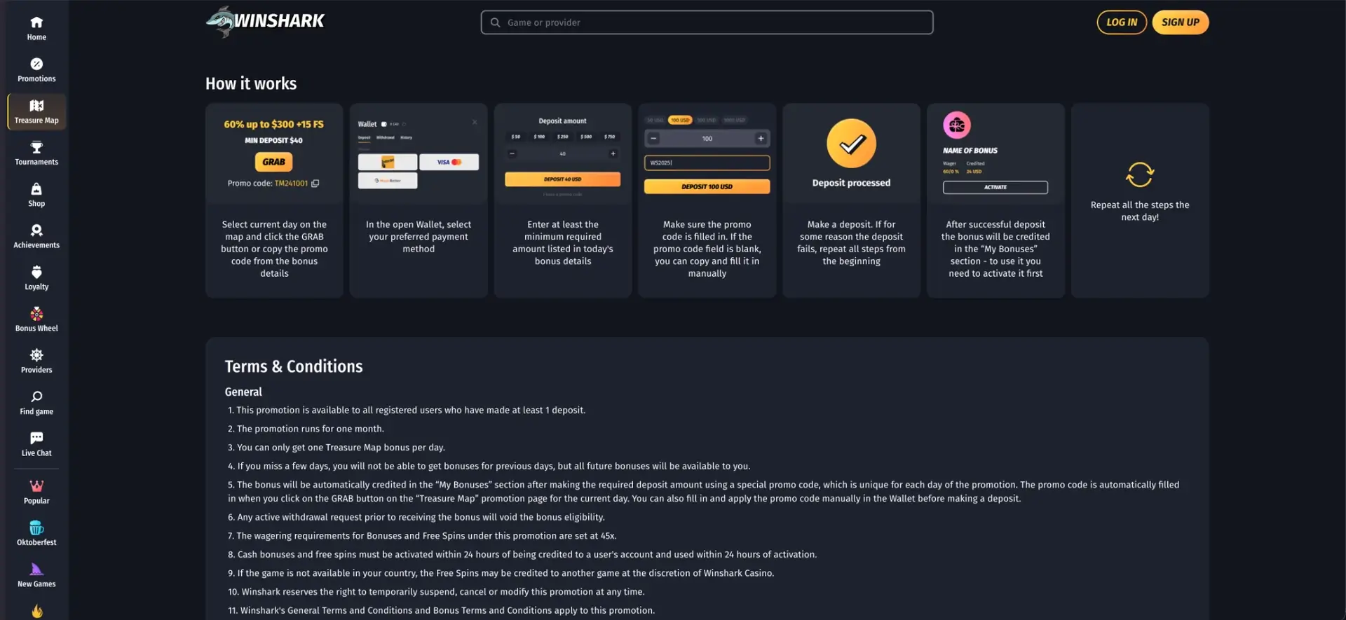 Winshark Treasure Map bonus terms and conditions